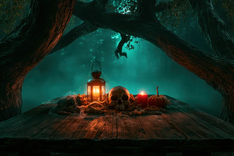 Skull and lantern on a wooden table in a dark enchanted forest at night
