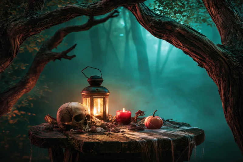 Skull, lantern, and candle on a wooden table in a dark enchanted forest at night