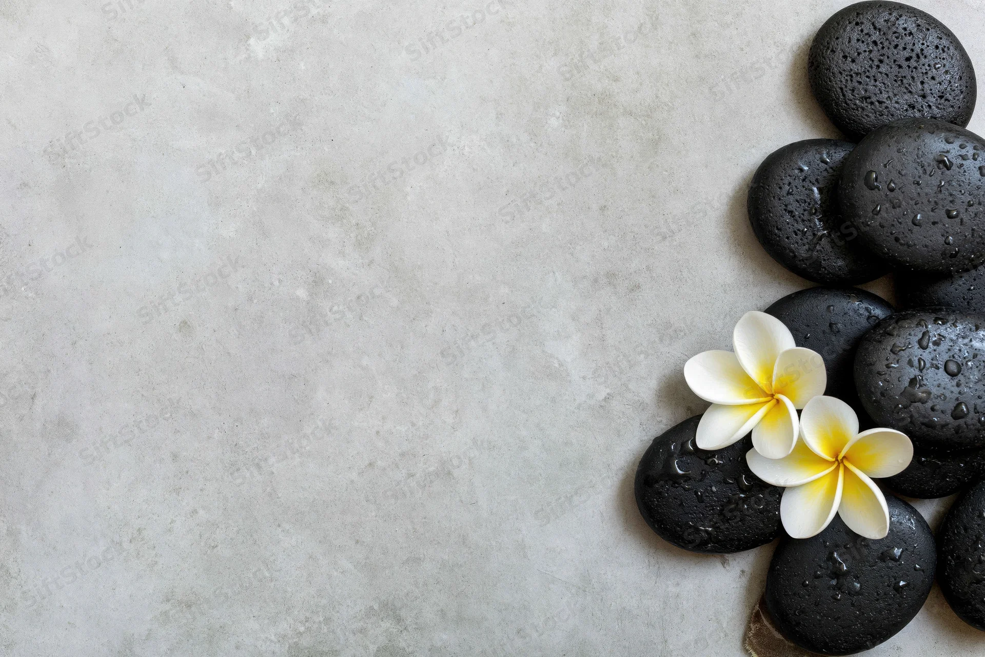 Wet black basalt spa stones with white plumeria flowers arranged on a textured concrete surface