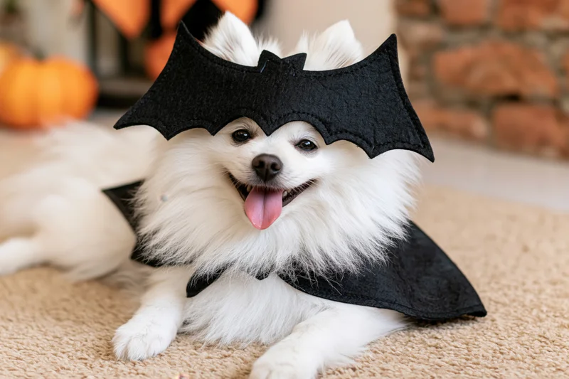 White pomeranian dog lying on tan carpet wearing black bat costume with tongue out