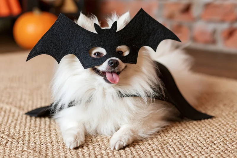 White pomeranian dog wearing bat mask and wings lying on tan carpet with pumpkin and brick fireplace in background