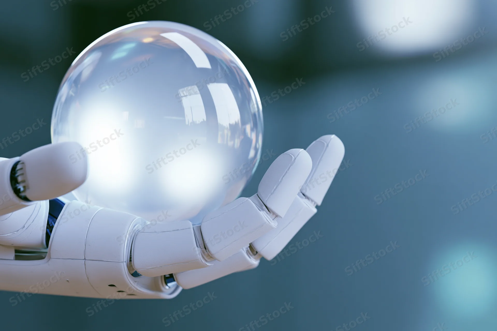 Robotic hand cradling a transparent sphere against a blurred blue background