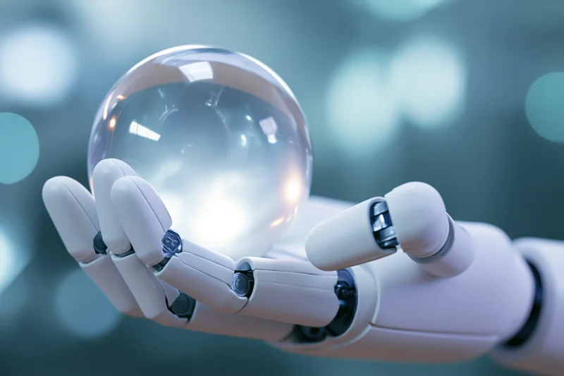 Robotic hand cradling a transparent glowing sphere against a blurred blue background