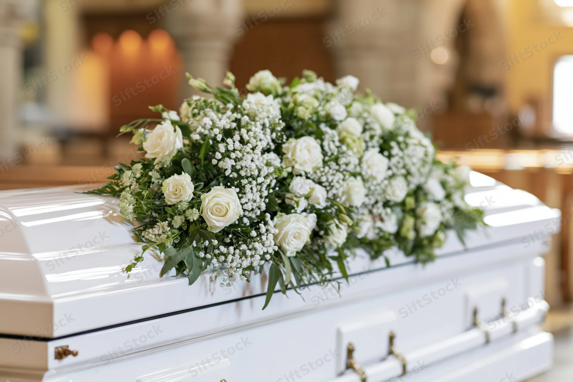 White casket adorned with white roses and baby's breath floral arrangement in church interior