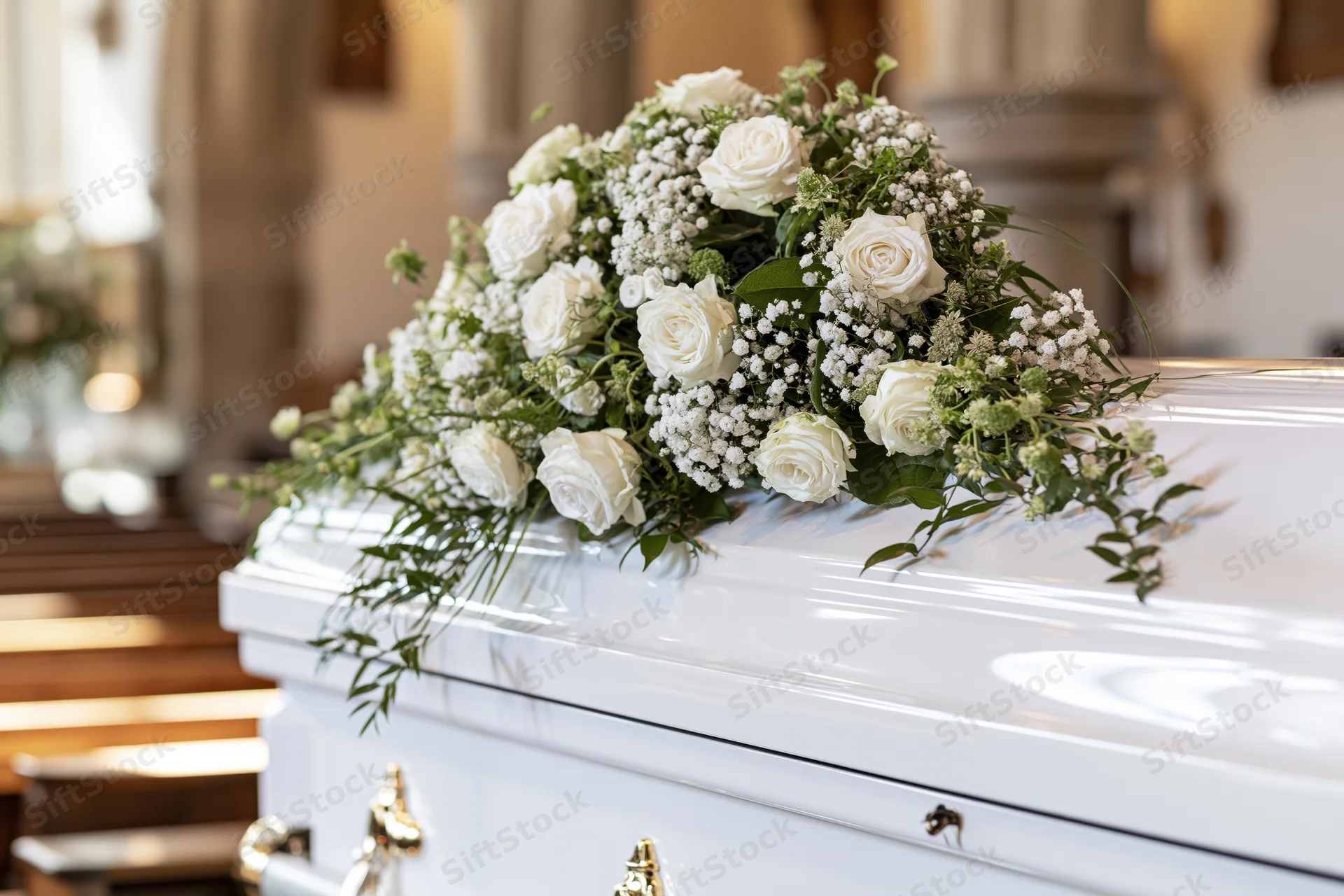 White casket adorned with white roses and baby's breath in a church interior