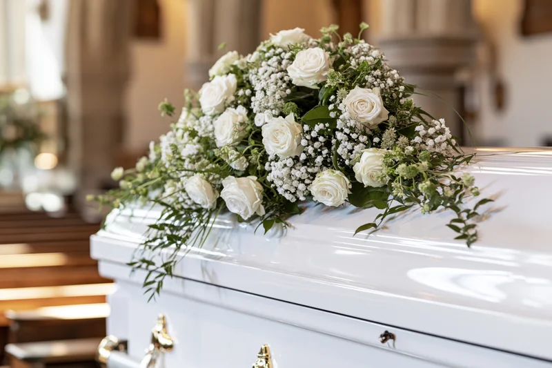 White casket adorned with white roses and baby's breath in a church interior