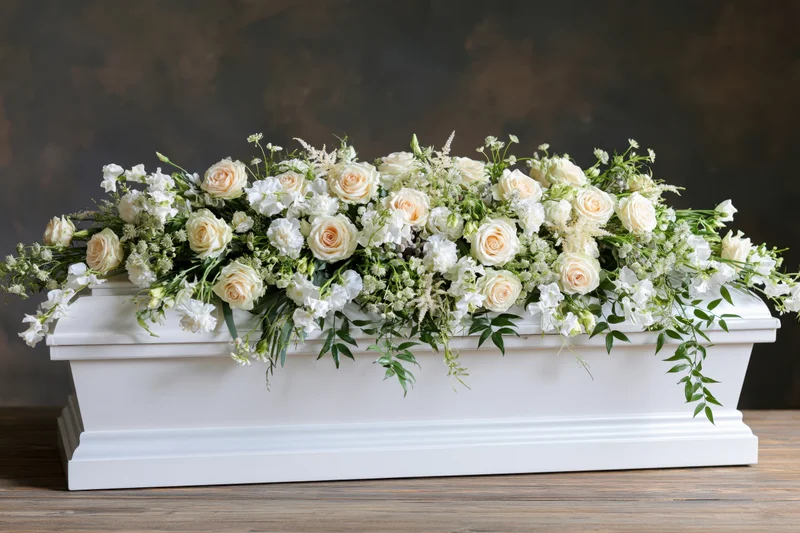 White casket adorned with white and cream roses and greenery on wooden surface