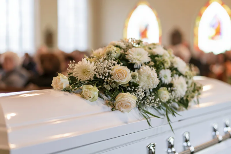 White casket adorned with cream roses and white flowers in a church during a funeral service