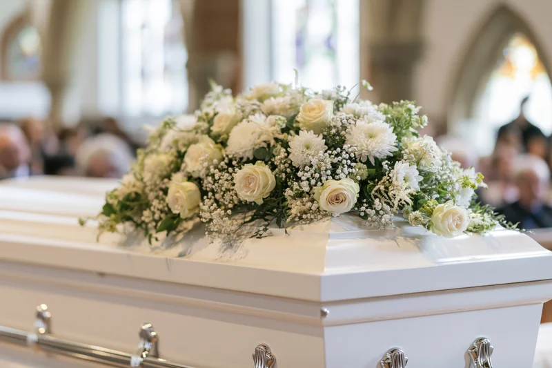 White casket adorned with cream roses and white flowers in a church during funeral service