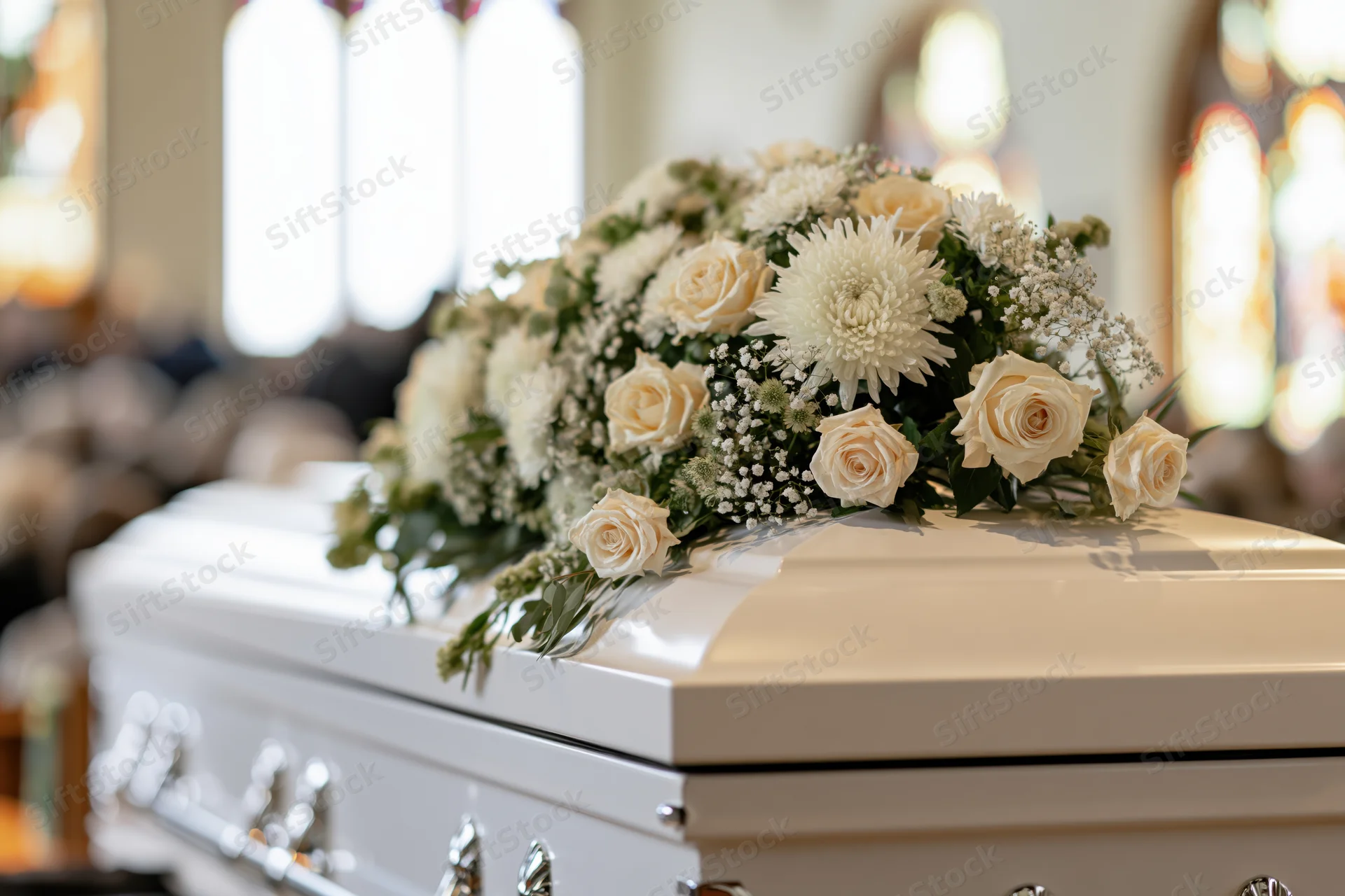 White casket with floral arrangement of cream roses and white flowers in church setting