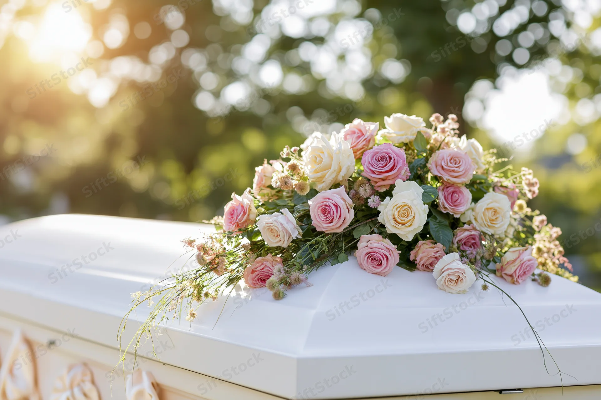 Floral arrangement of pink and cream roses on a white casket outdoors in sunlight