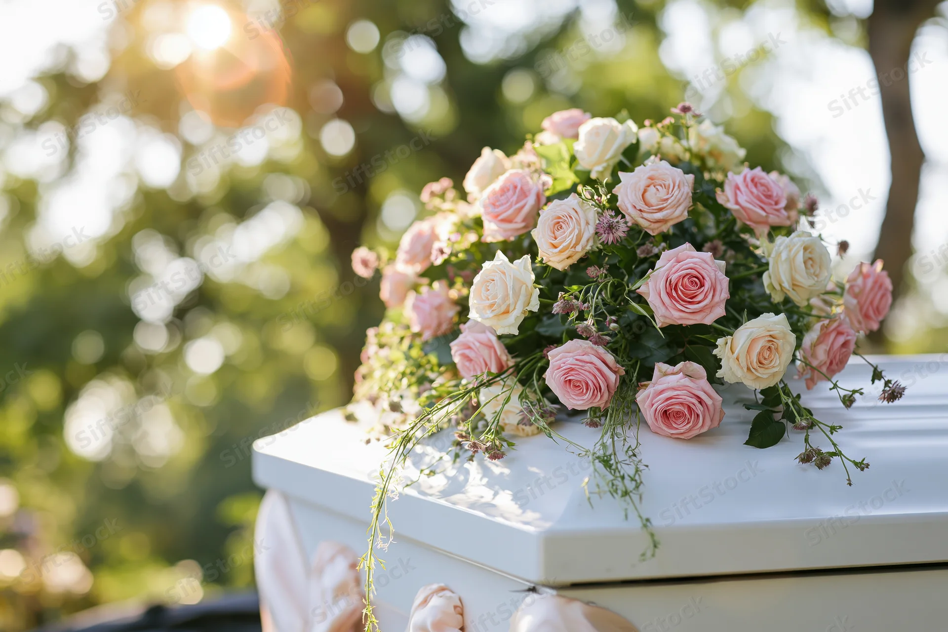 Floral arrangement of pink and cream roses on a white casket outdoors in sunlight