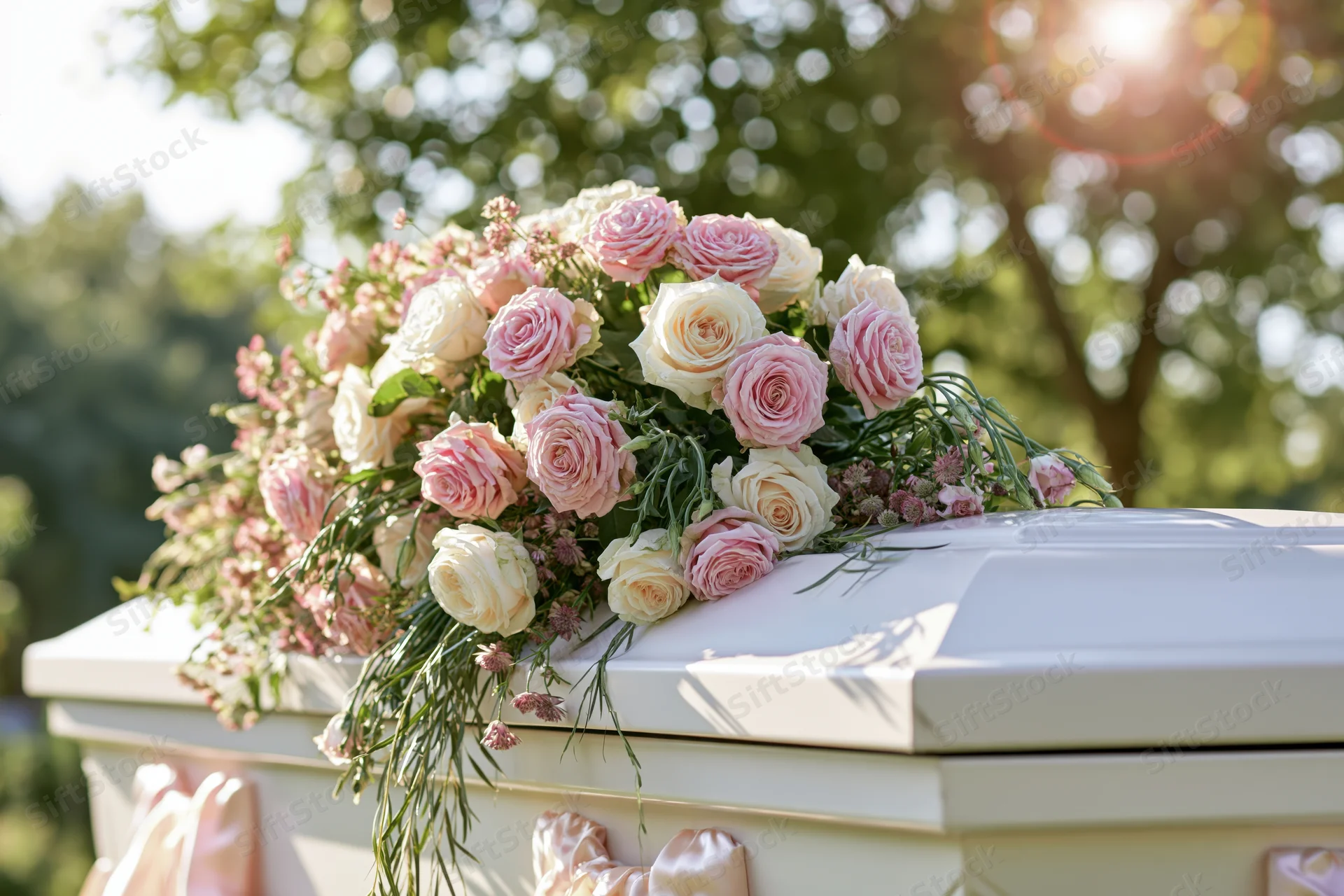 Floral arrangement of pink and cream roses on a white casket outdoors in sunlight