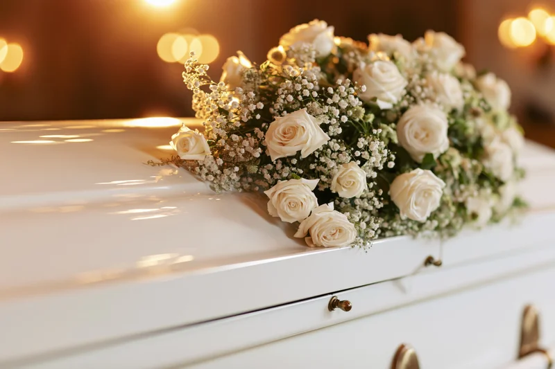 White casket with floral arrangement of white roses and baby's breath on lid, warm bokeh lights in background