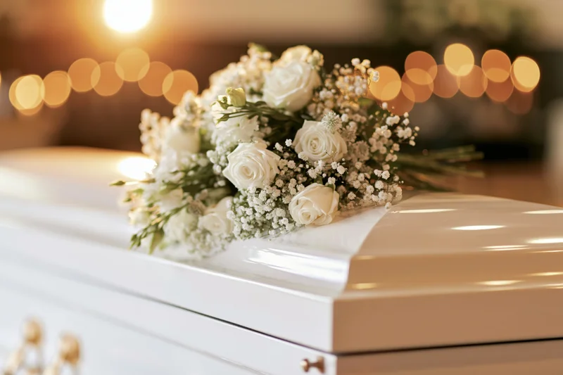 White floral bouquet resting on a closed casket in a softly lit indoor setting
