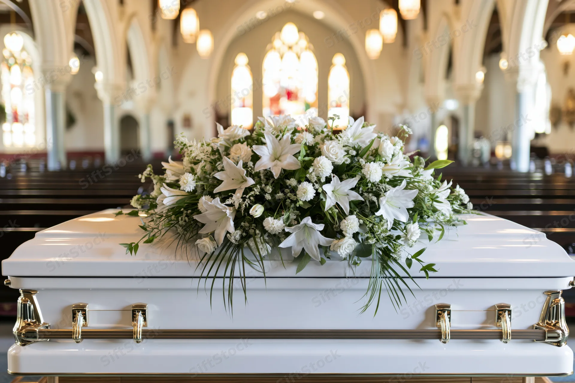 White casket with floral arrangement resting in church interior
