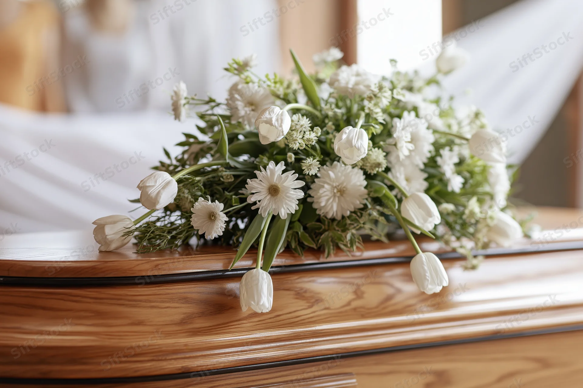 White floral arrangement with tulips and daisies on a wooden coffin