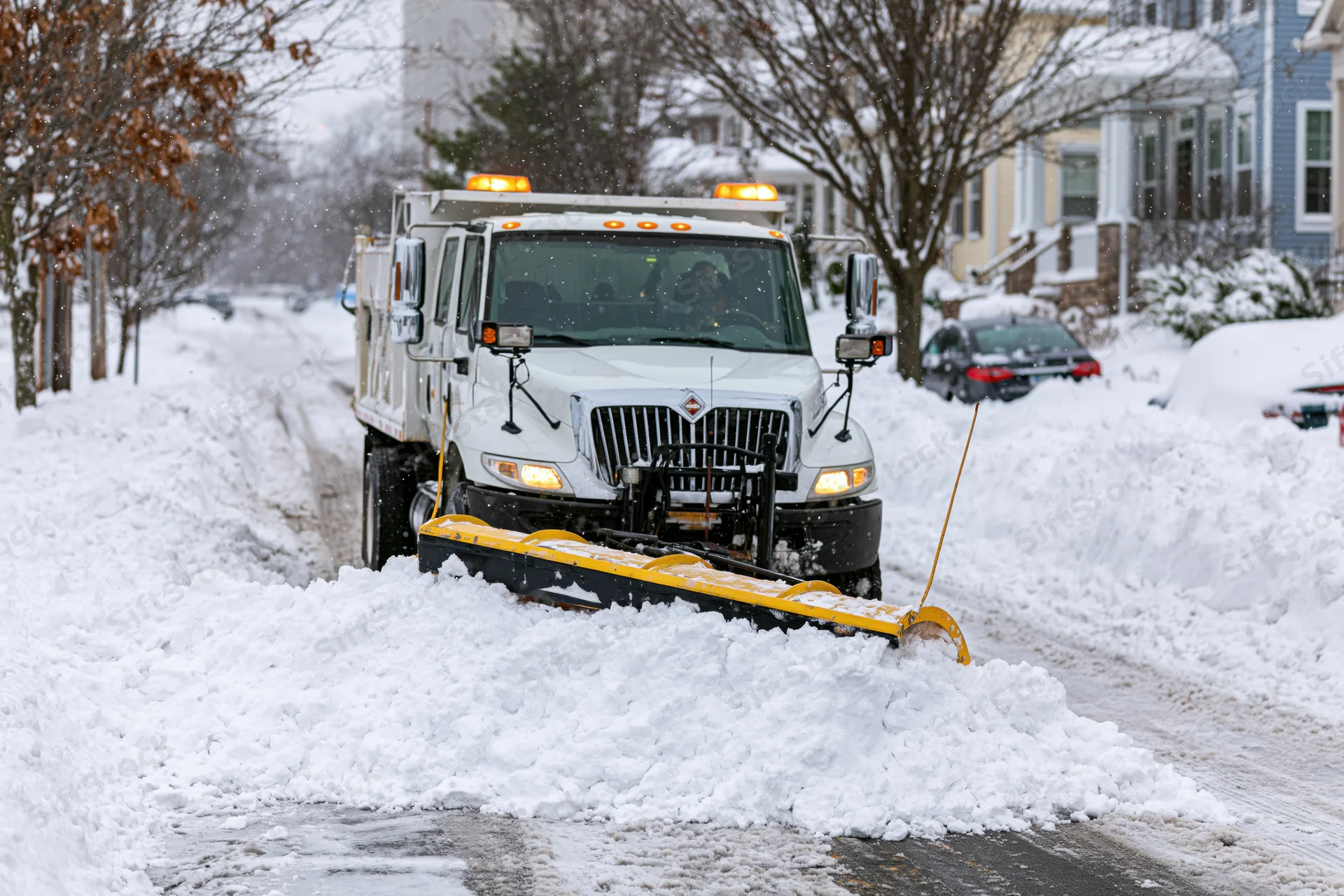 White municipal snowplow truck clearing snow from residential street during winter storm