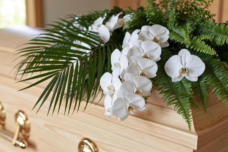 White orchid and green fern floral arrangement resting on a wooden coffin with gold handles