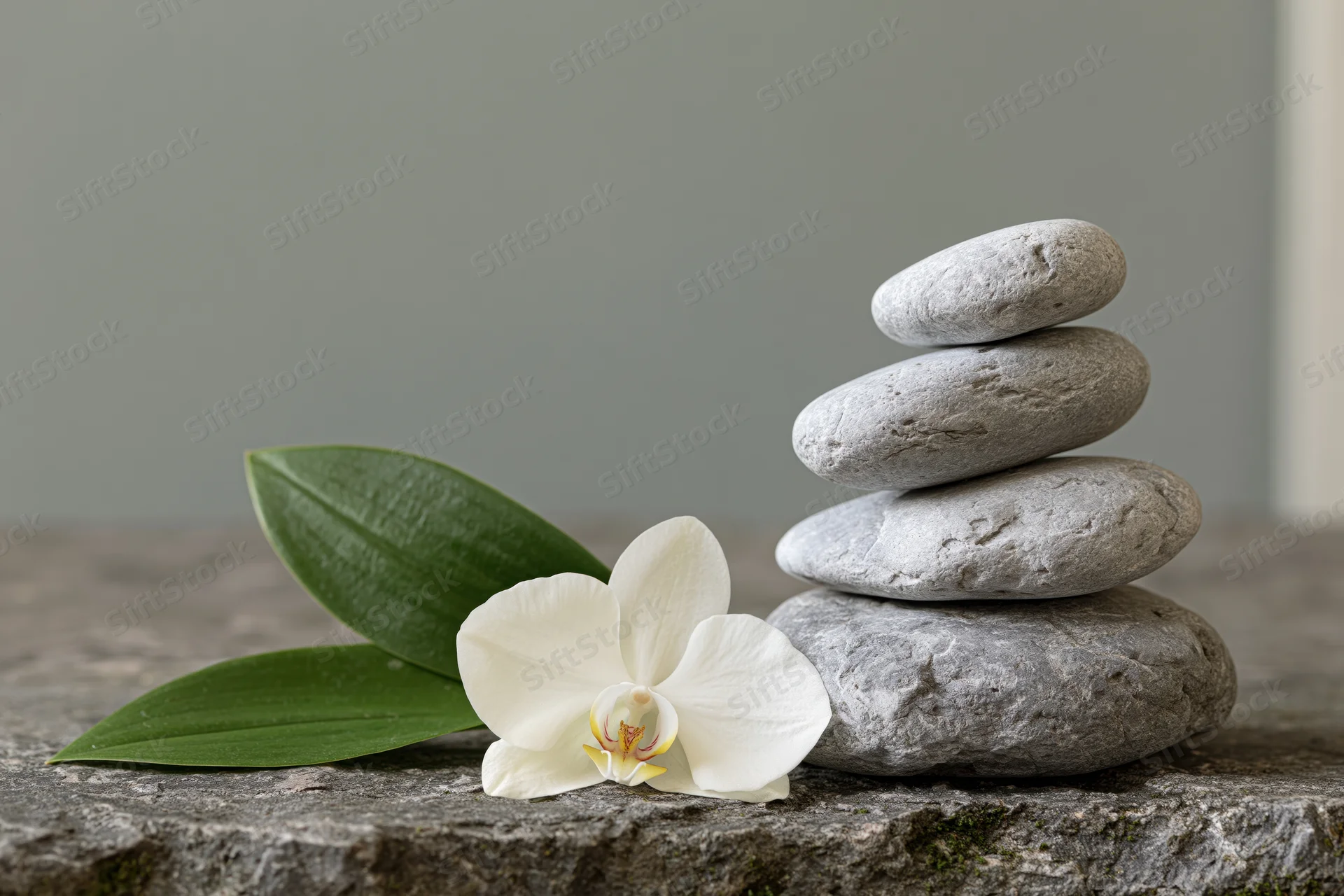 White orchid bloom beside green leaves and stacked gray stones on a stone surface