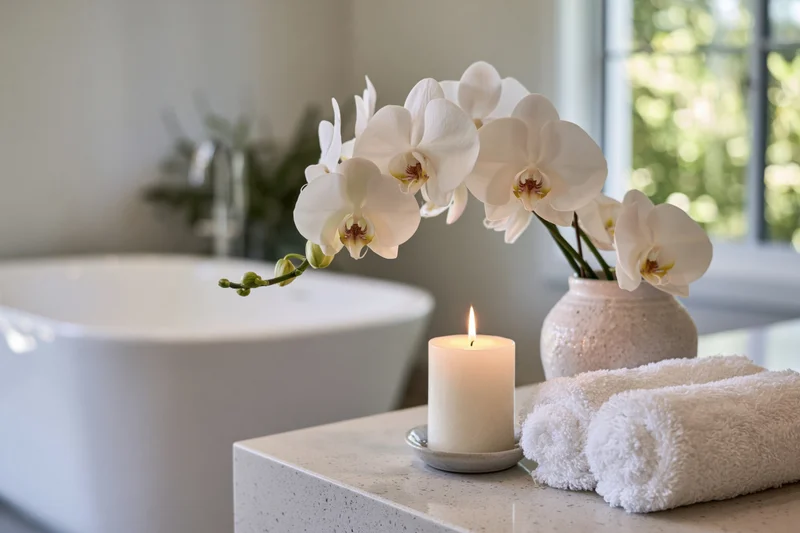 White orchids in a ceramic vase on a bathroom countertop beside a lit candle and rolled towels
