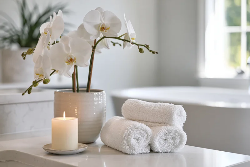 White orchids in a ceramic vase on a bathroom countertop beside rolled towels and a lit candle