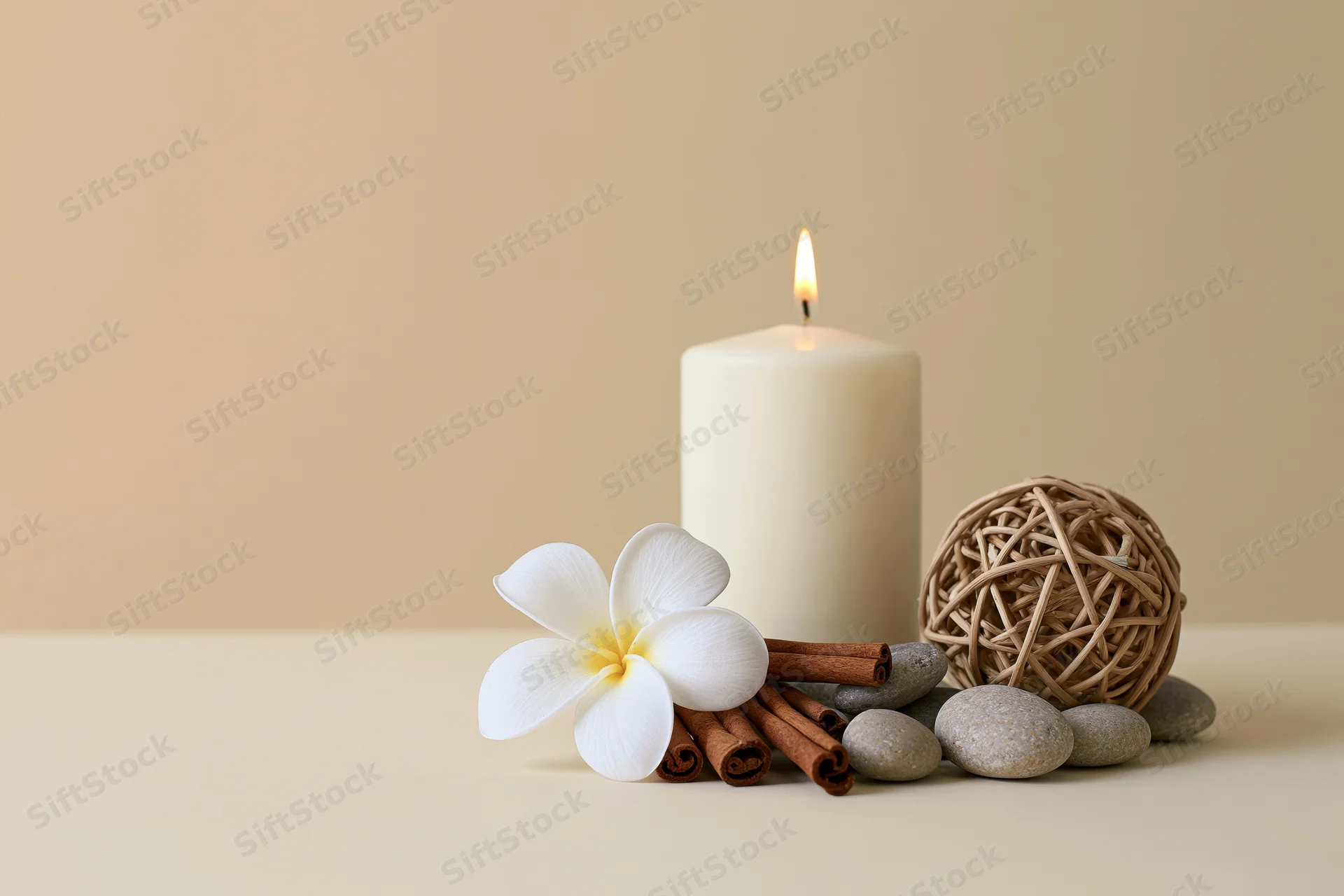 Lit white pillar candle beside frangipani flower, cinnamon sticks, smooth stones and wicker ball on beige surface