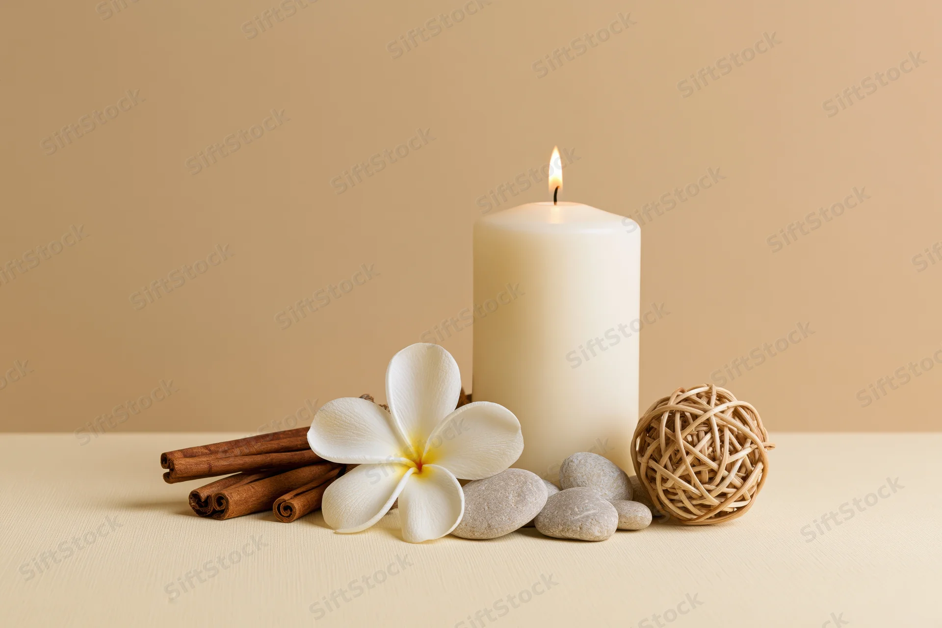 Lit white pillar candle beside cinnamon sticks, frangipani flower, smooth stones and wicker ball on beige surface