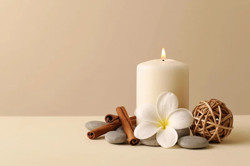 Lit white pillar candle beside cinnamon sticks, frangipani flower, smooth stones and wicker ball on beige surface