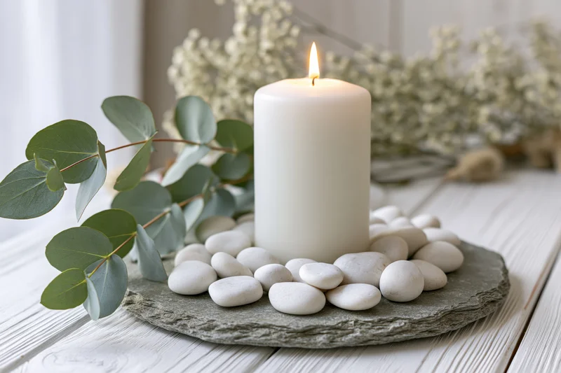 Lit white pillar candle on a stone tray with smooth pebbles and eucalyptus leaves on a wooden table