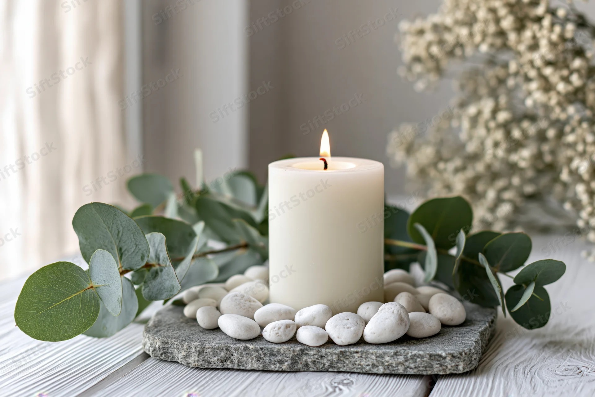 Lit white pillar candle on stone tray with pebbles and eucalyptus leaves on wooden table