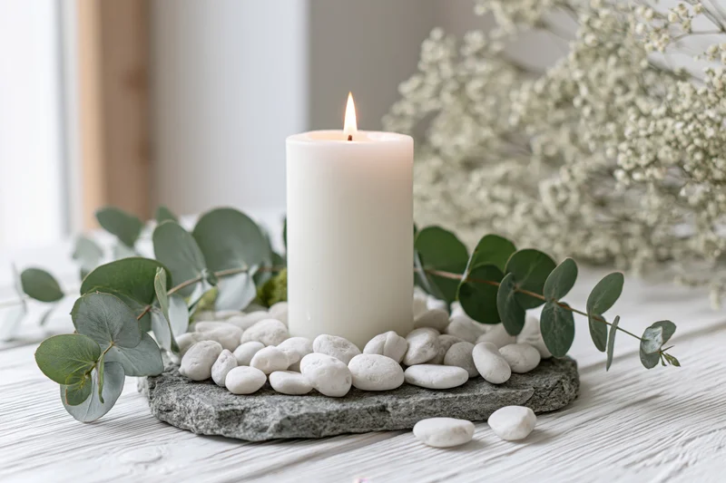 Lit white pillar candle on stone base with pebbles and eucalyptus leaves on wooden table