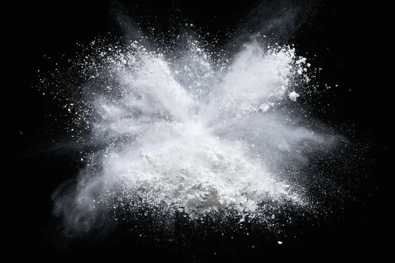 White powder exploding midair frozen in motion against black background