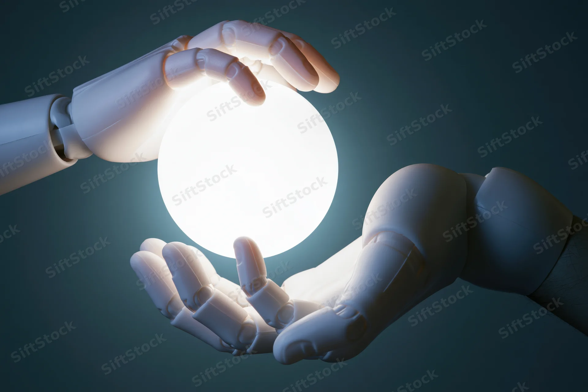 Robotic hands cradling a glowing white orb against a dark blue background