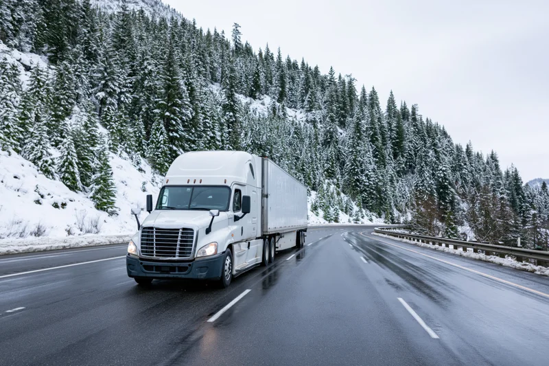 White semi-truck with refrigerated trailer driving on wet highway beside snow-covered evergreen forest
