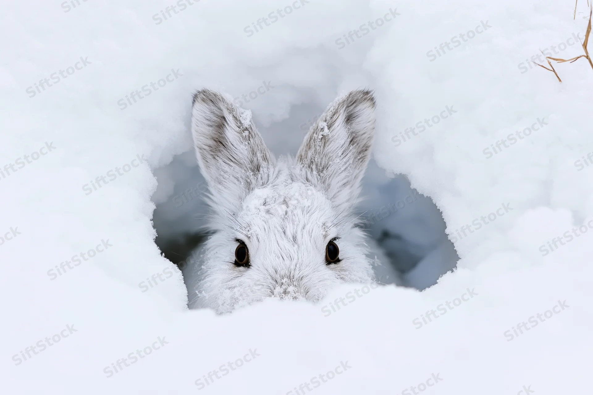 Snowshoe hare peeking from snow burrow in winter landscape
