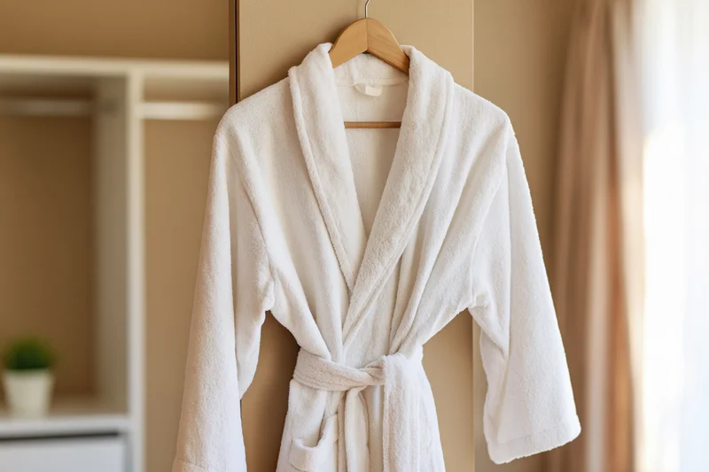 White terry cloth bathrobe hanging on wooden hanger in bathroom interior