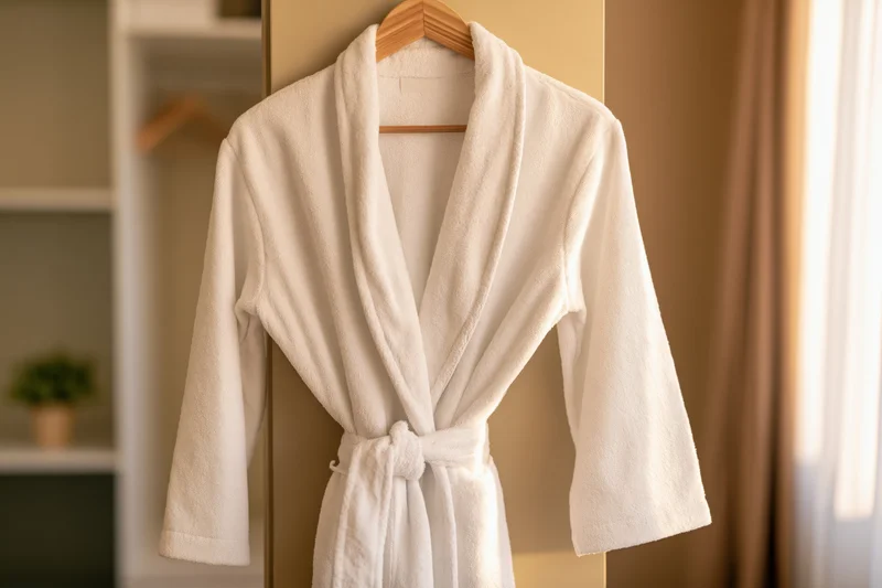 White terry cloth bathrobe hanging on wooden hanger in bathroom interior