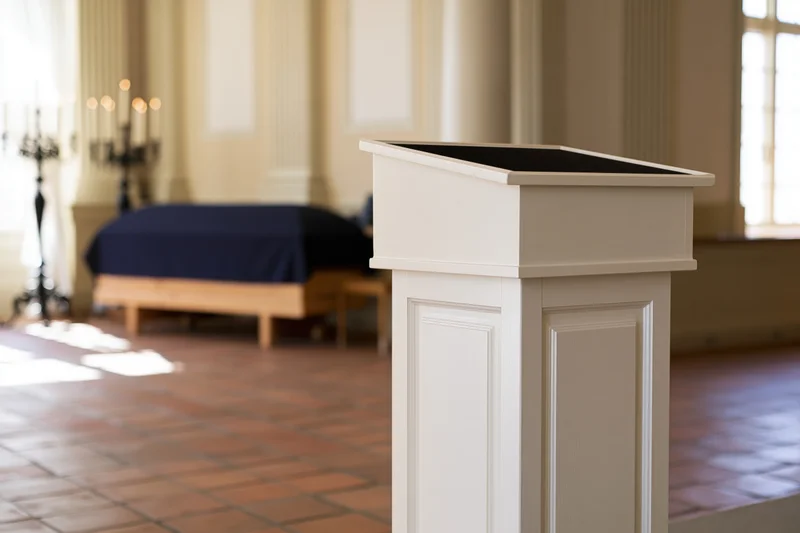 White wooden lectern in focus inside a church with casket in background during funeral service