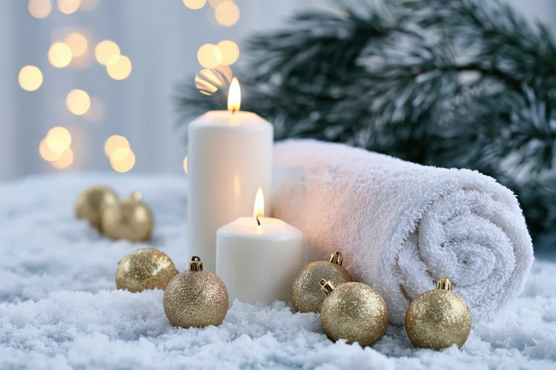 Winter spa still life with candles, towel and ornaments on snow surface