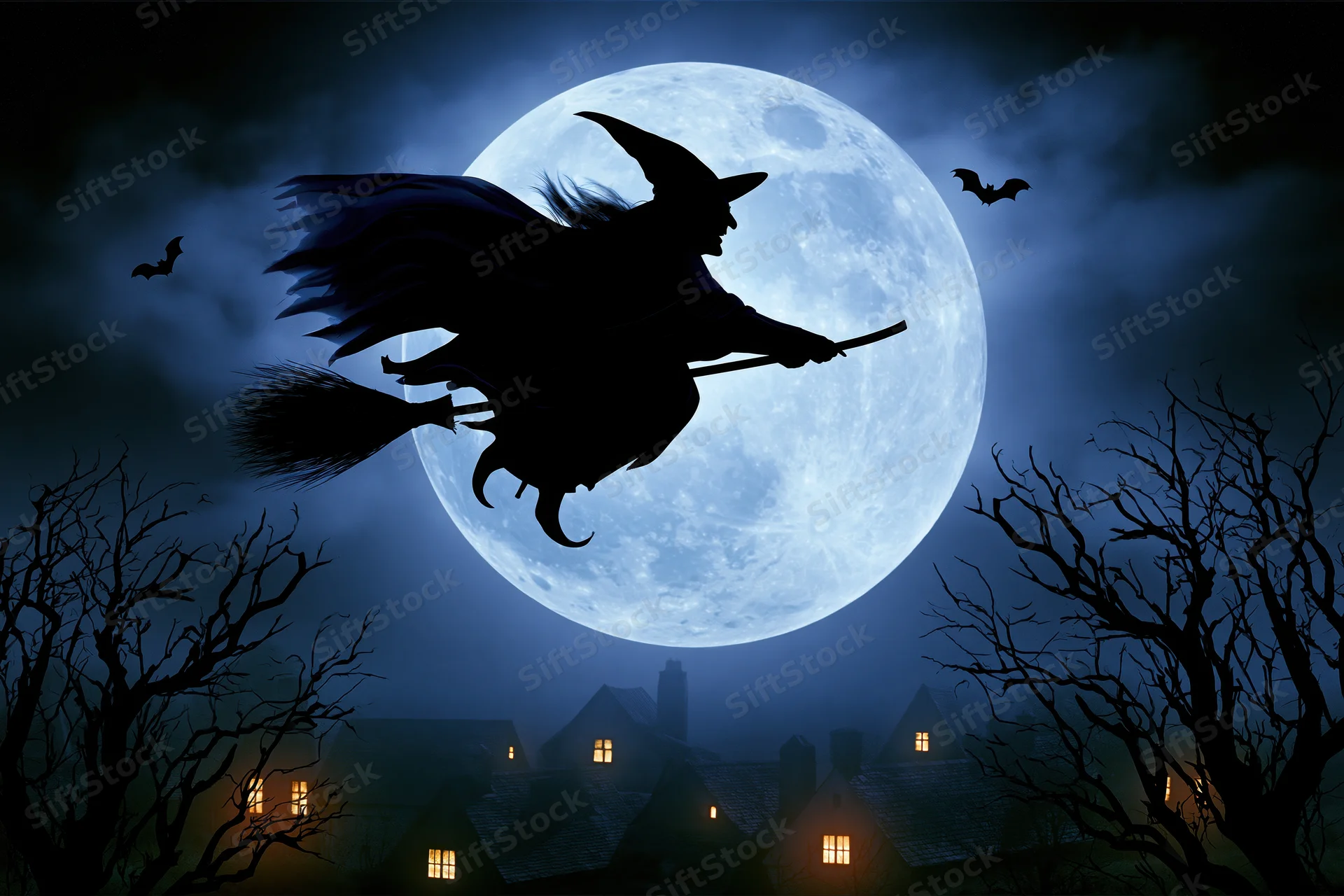 Witch silhouette flying on broomstick across full moon over village at night