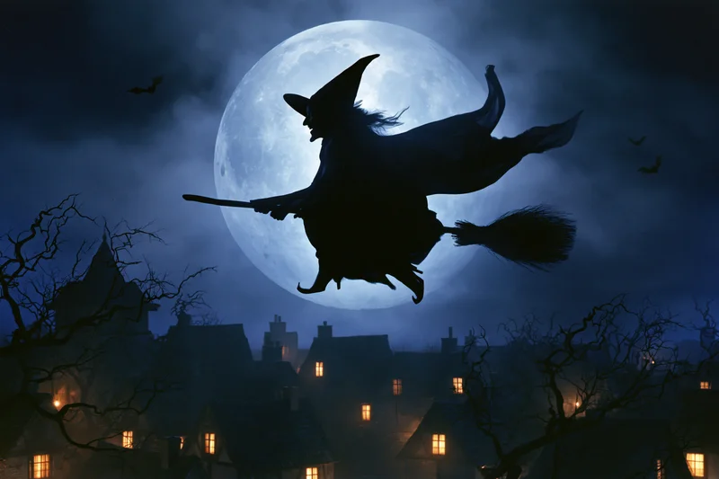 Witch silhouette flying on broomstick across full moon over village at night