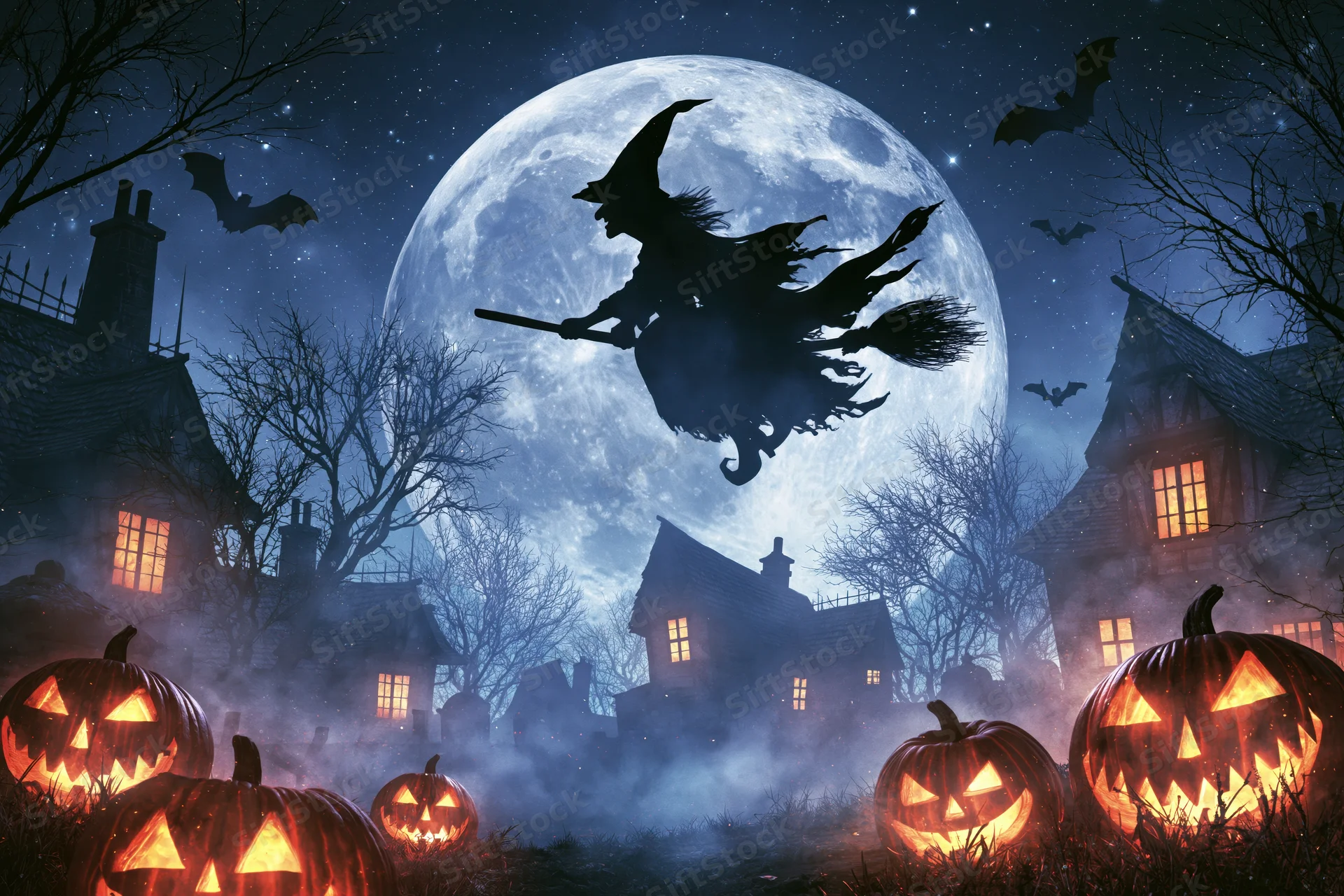 Witch silhouette flying on broomstick across full moon over halloween village with glowing pumpkins and bats