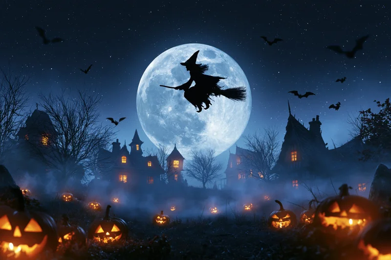 Witch silhouette flying on broomstick across full moon over haunted village with glowing pumpkins and bats in night sky