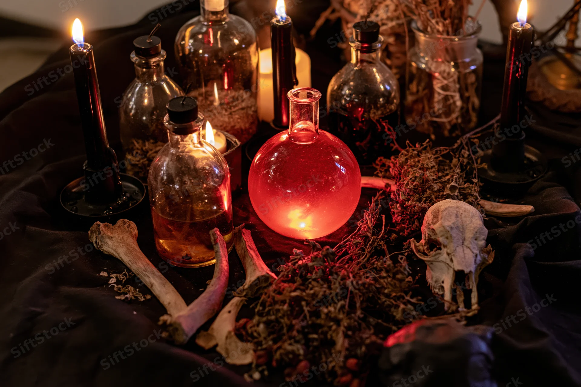 Witchcraft altar with candles, glass bottles, skull and herbs arranged on black cloth