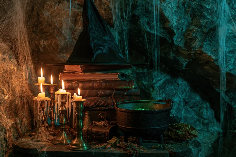 Witch’s lair still life with candles, cauldron and books on a stone table in a dark cave