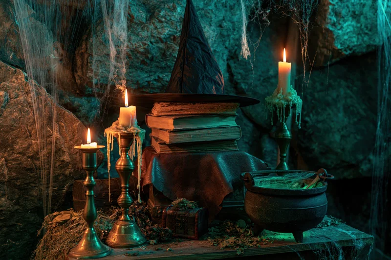Witch’s lair still life with books, candles and cauldron on wooden table in rocky cave