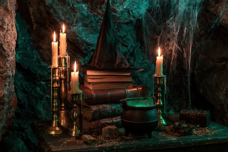 Witch's hat on stack of old books beside cauldron and candles on wooden table in cave lair