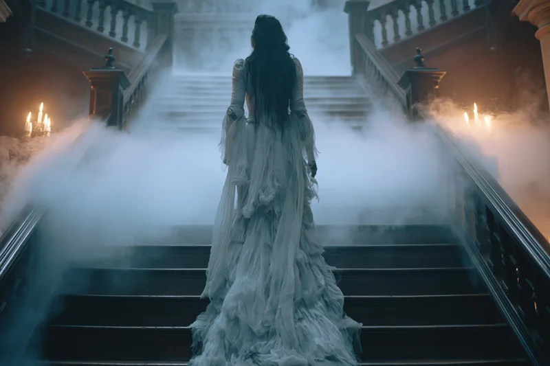 Woman in tattered white victorian gown ascending grand staircase shrouded in smoke and candlelight