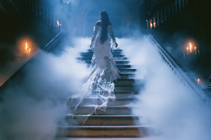Woman in tattered white victorian gown ascending foggy staircase in gothic mansion lit by candles